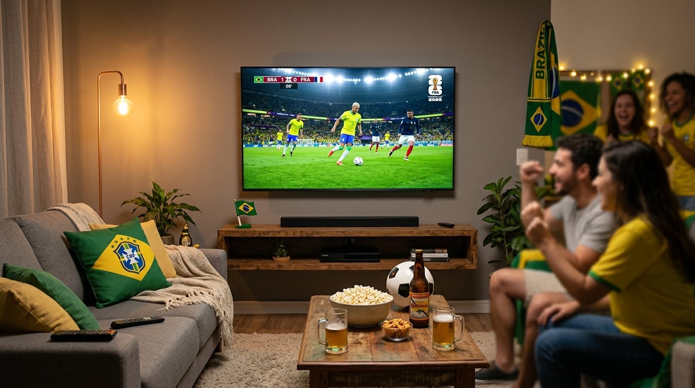 Sala de estar com smart TV de 55 polegadas exibindo jogo da Copa do Mundo 2026, sofá com almofadas verde e amarelo, pipoca e cerveja na mesa