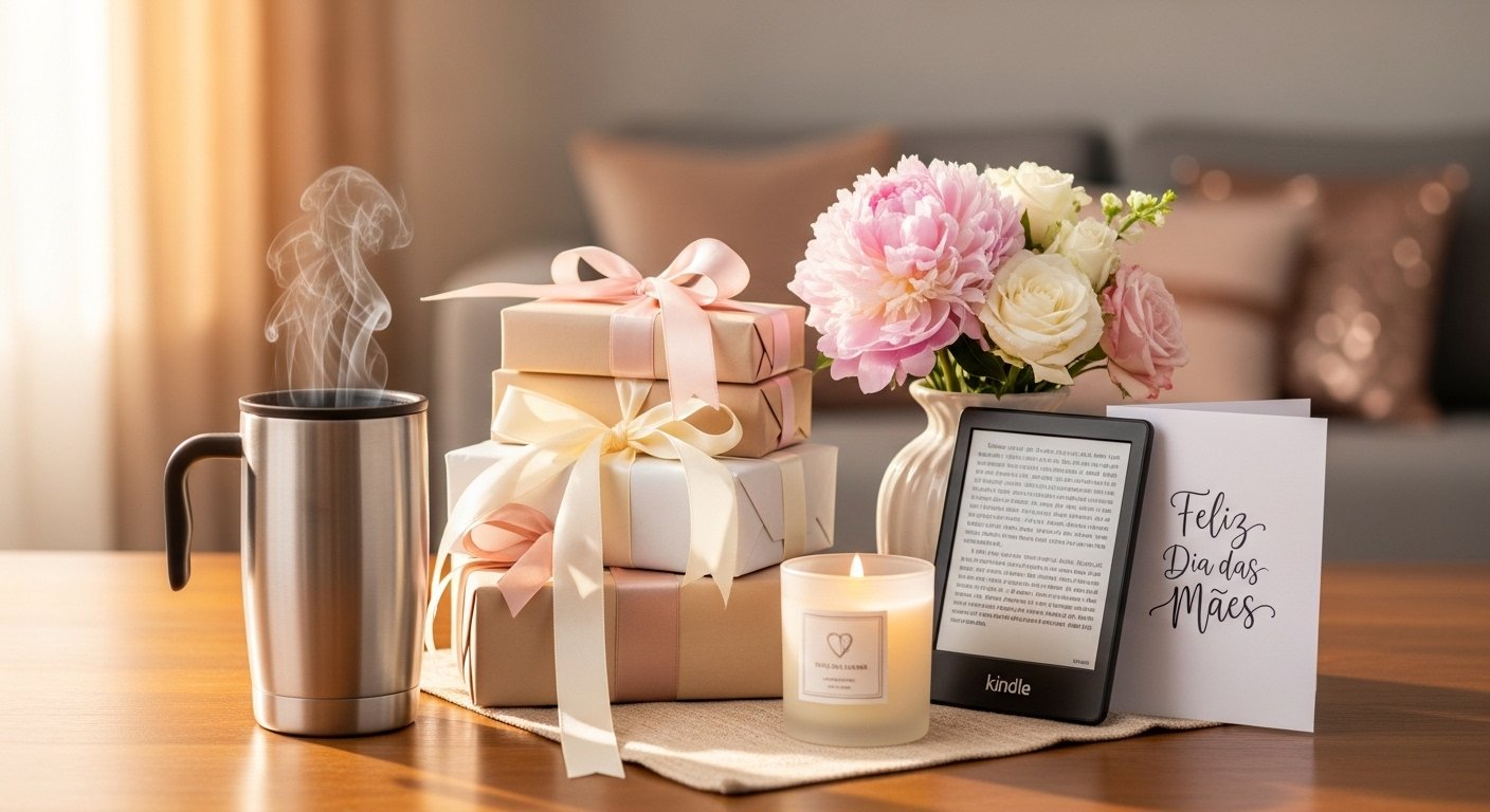 Presentes criativos para o Dia das Mães 2026 dispostos em mesa de madeira com caneca térmica, livros e flores
