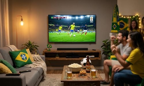 Sala de estar com smart TV de 55 polegadas exibindo jogo da Copa do Mundo 2026, sofá com almofadas verde e amarelo, pipoca e cerveja na mesa