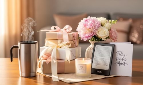 Presentes criativos para o Dia das Mães 2026 dispostos em mesa de madeira com caneca térmica, livros e flores